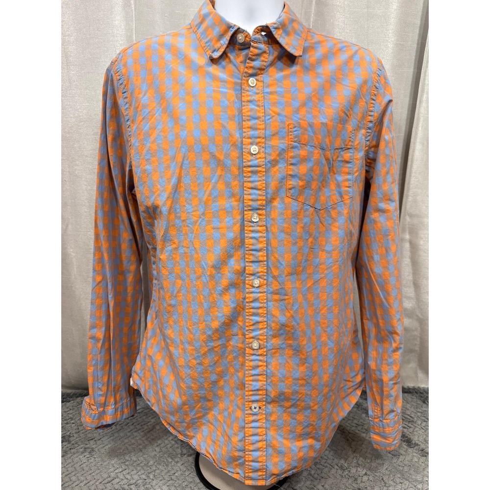 Gap Lived-In Mens Large Orange Blue Gingham Check Cotton Button‎ Down Shirt L
